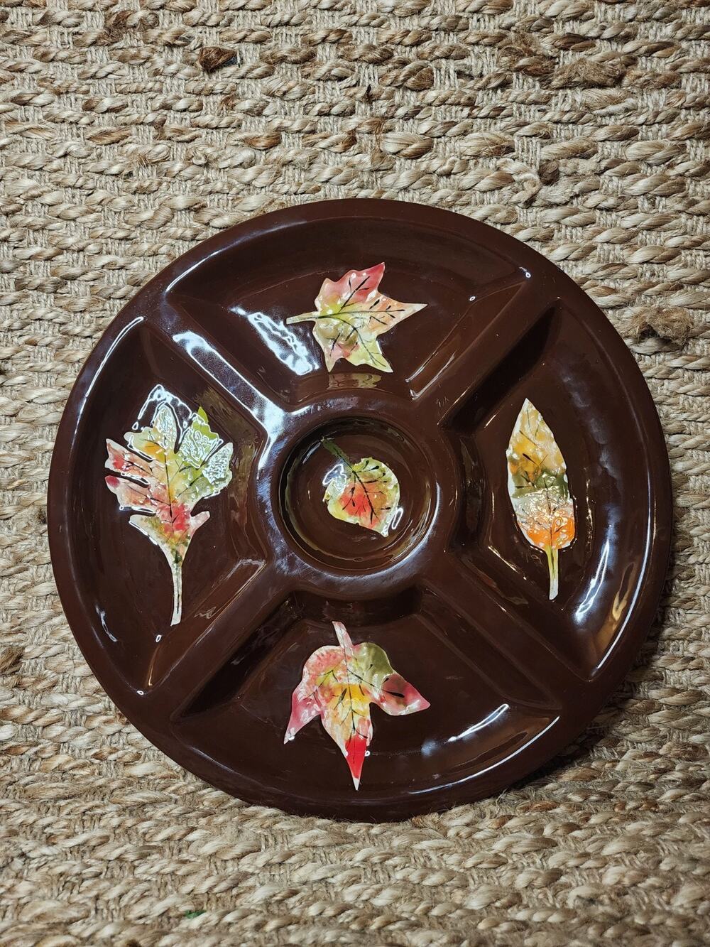 Vintage Ceramic Brown Autumn Fall Divided Round Platter Chips & Dip Veggie Tray